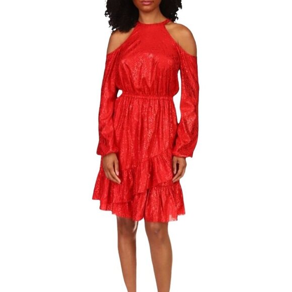 MICHAEL Michael Kors Red Metallic Animal Print Cold-Shoulder Dress NWT $Women's - Picture 1 of 13